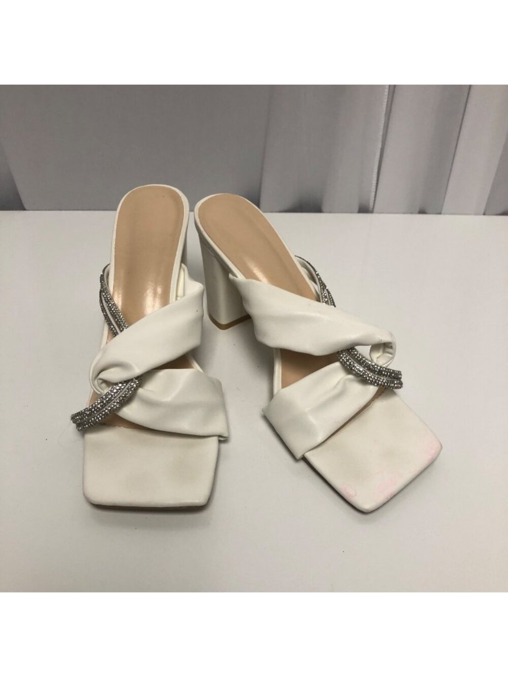 White Rhinestone Embellished Square Toe Heeled Sandals Womens Sz 8 Elegant Shoes